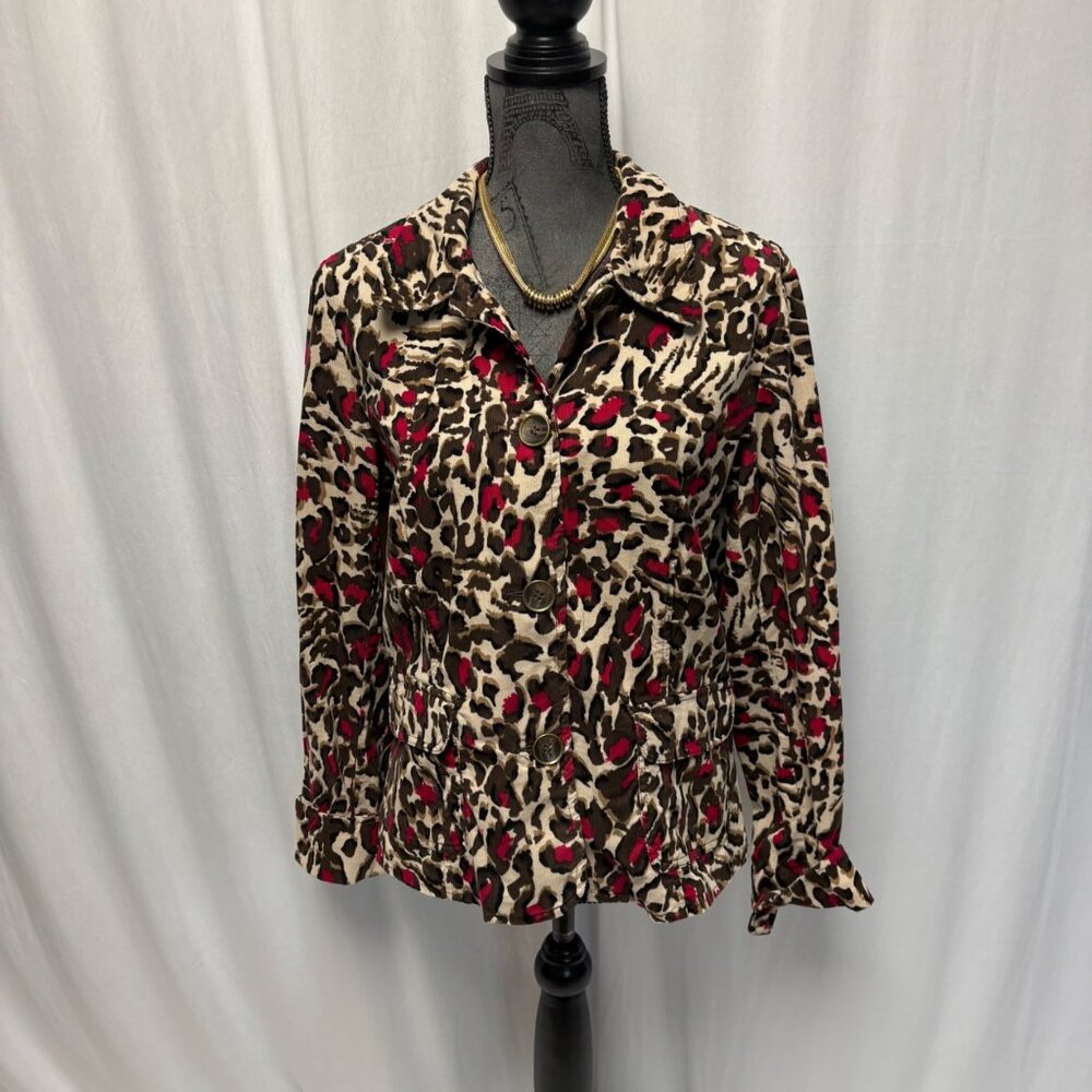 Charter Club Corduroy Jacket Womens Size Large Animal Print Leopard Brown